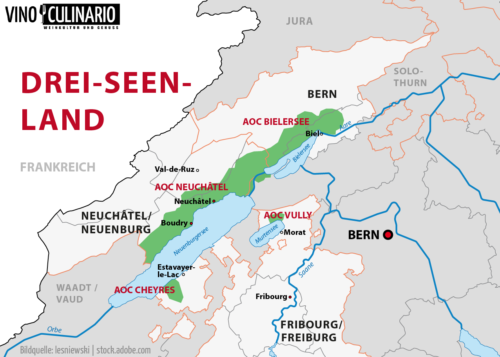 Karte Weinbaugebiete Drei-Seen-Land, Schweiz - Vino Culinario