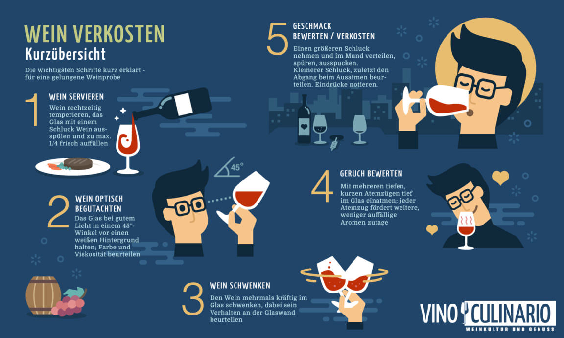 Wein verkosten Kurzanleitung, Infografik - Vino Culinario