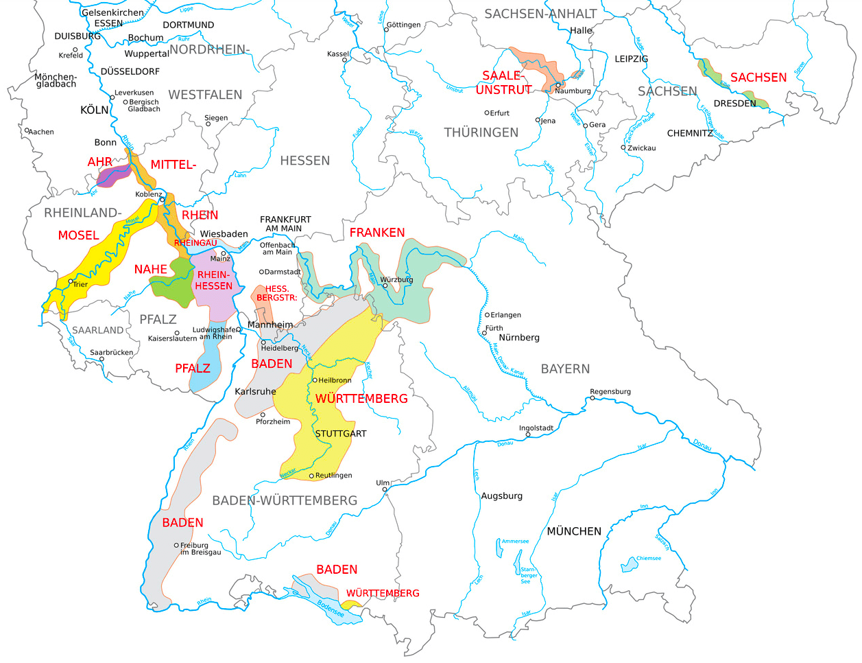 Übersichtskarte: Weinanbaugebiete in Deutschland
