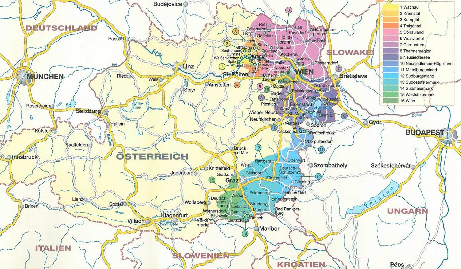 Übersichtskarte Weinanbaugebiete Österreich - Vino Culinario